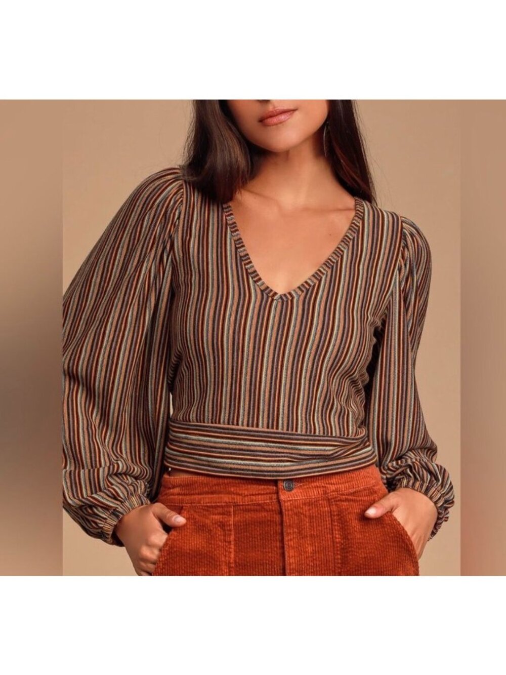 Free People Autumn Nights Striped Long-Sleeve Blouse V-Neck & Open Back Tie Deta